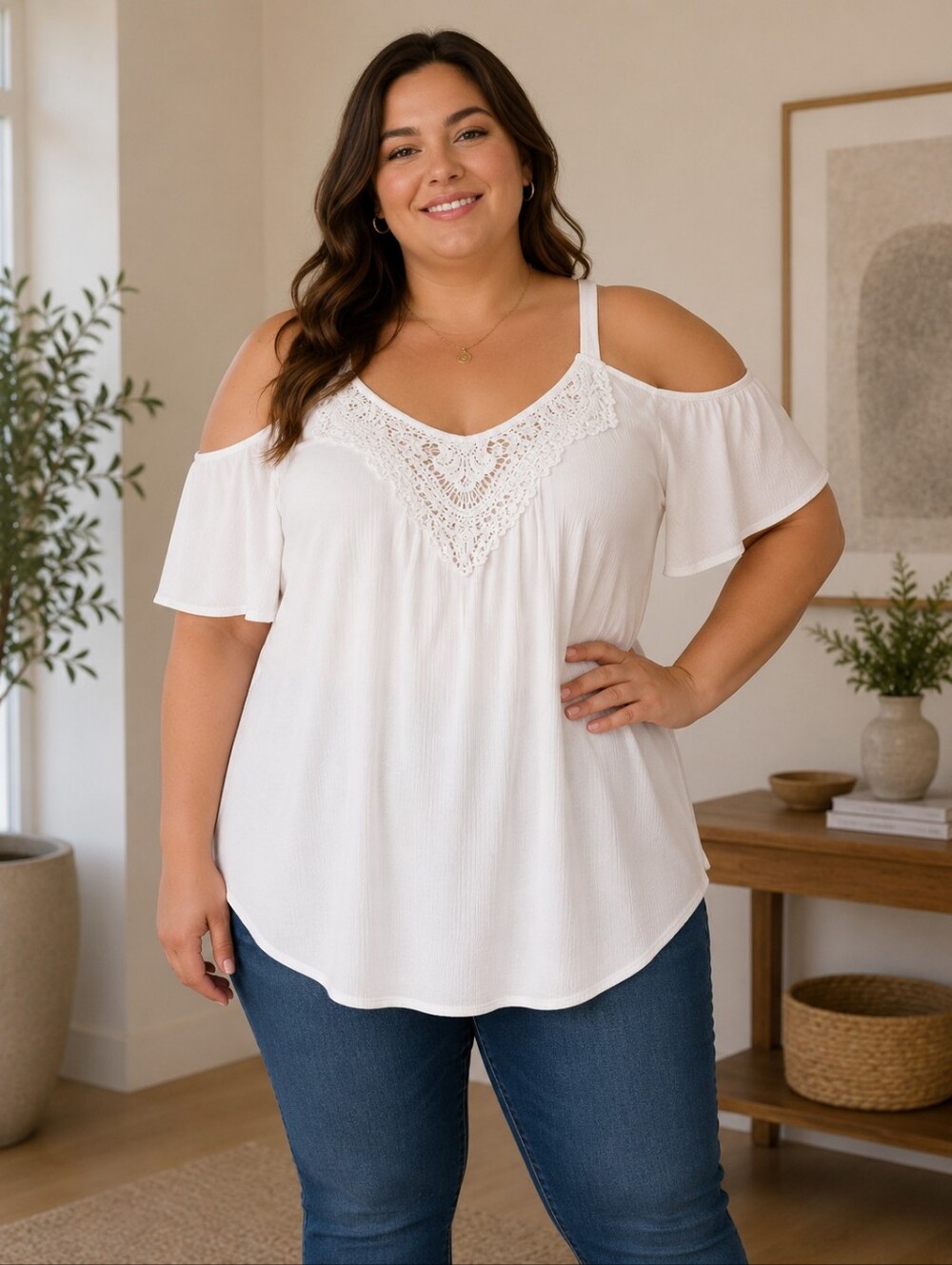 Torrid Plus Size 1X White Cold Shoulder Lace Trim Blouse Flowy Boho Top